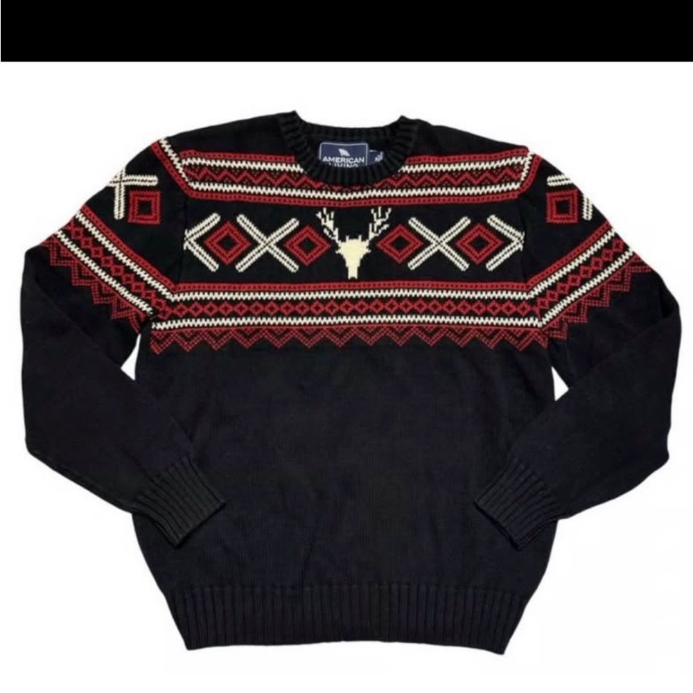 American Living Men's Black Sweater with Red and Cream Patterns